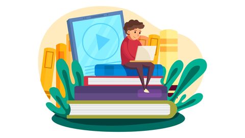 Illustration: Junge mit Laptop sitzt auf einem übergroßen Bücherstapel 