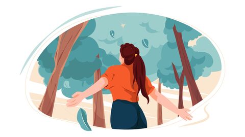 Illustration: Junger Mensch steht unter Bäumen und breitet die Arme aus