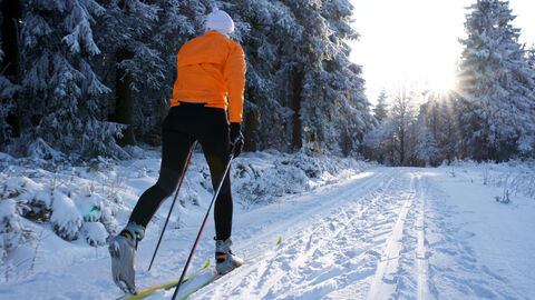 Ein Langläufer im verschneiten Wald