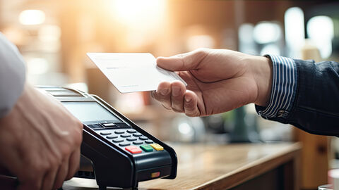 Eine Person hält eine Geldkarte in der Hand und ist gerade dabei sie auf ein Kartenlesegerät zu legen