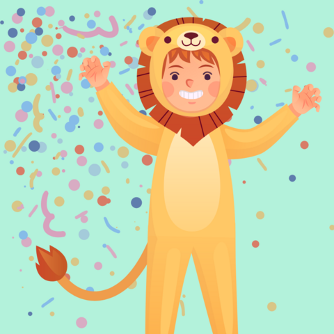 Illustraion: Ein als Löwe verkleidetes Kind steht lachend im Konfettiregen